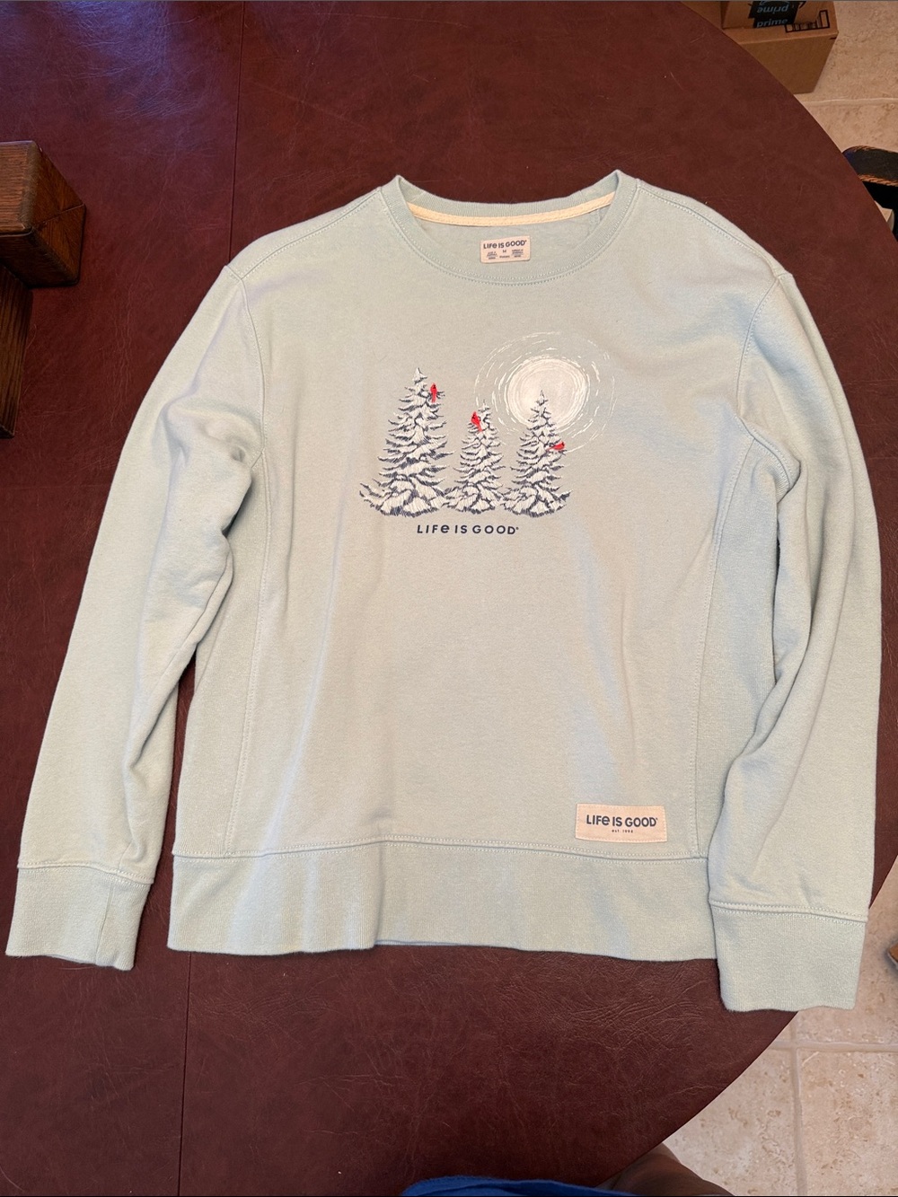 Life Is Good Wonen's Light Blue Crewneck with Winter Tree Graphic